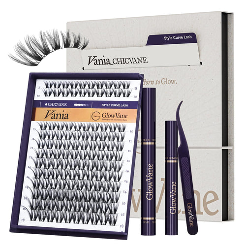 DIY Lash Extension Kit with Curved Lash Clusters, Bond and Seal, Applicator Tweezers, Easy At Home Eyelash Extension Kit for Natural Wispy Volume Look(Vania Kit-V1)