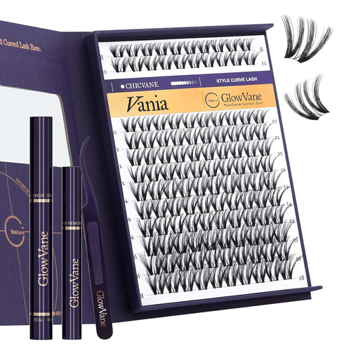 DIY Lash Extension Kit with Curved Lash Clusters, Bond and Seal, Applicator Tweezers, Easy At Home Eyelash Extension Kit for Natural Wispy Volume Look(Vania Kit-V1)